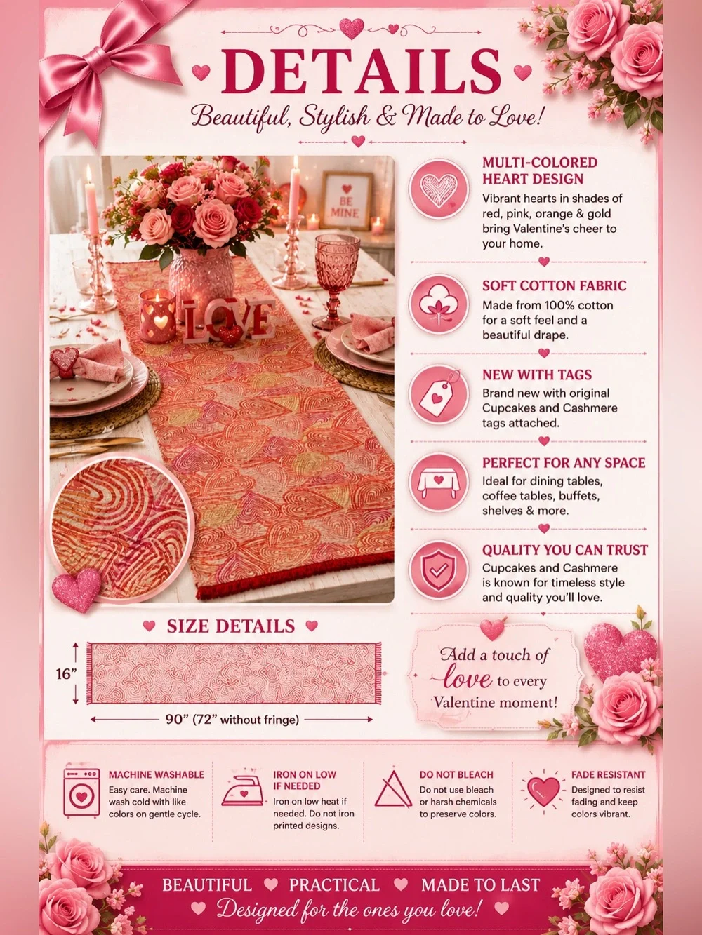 Cupcakes and Cashmere Multi Colored Hearts Valentines Day Table Runner
